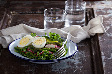 Fresh salad with lettuce, asparagus and eggs
