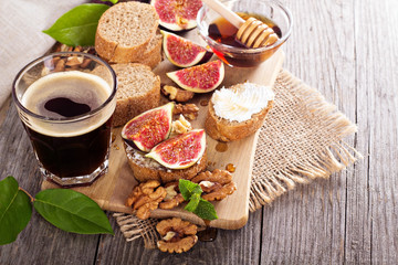 Coffee with figs and cheese bruschetta