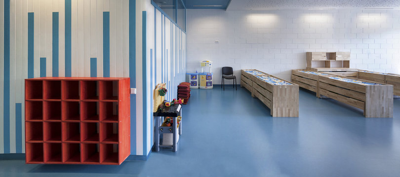 Estonia, empty shoe rack in a newly built kindergarten