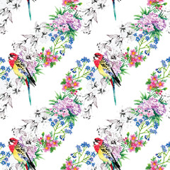 Fototapeta premium bird, tropical, palm tree, watercolor, pineapple, pattern, wallpaper, toucan