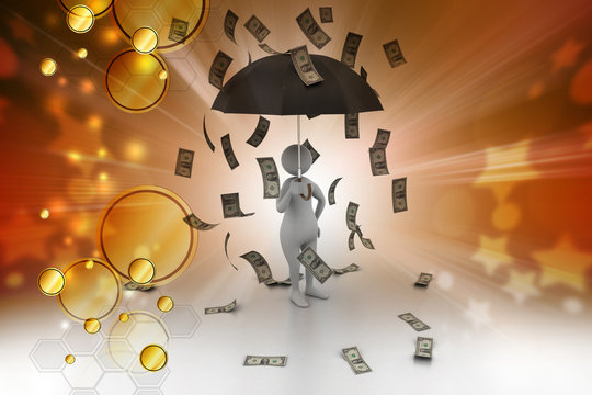 3d man and umbrella in money rain