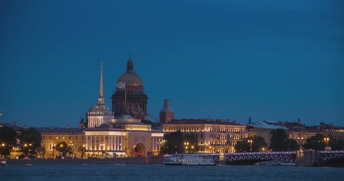 View Saint Isaac's Cathedral in Saint Petersburg from Neva river. Russia. 4K. 4096x2160