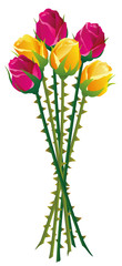 Roses with many thorns on their stalks. Isolated vector illustration on white background.