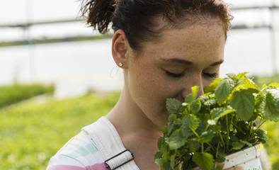 Young female gardener working in plant nursery