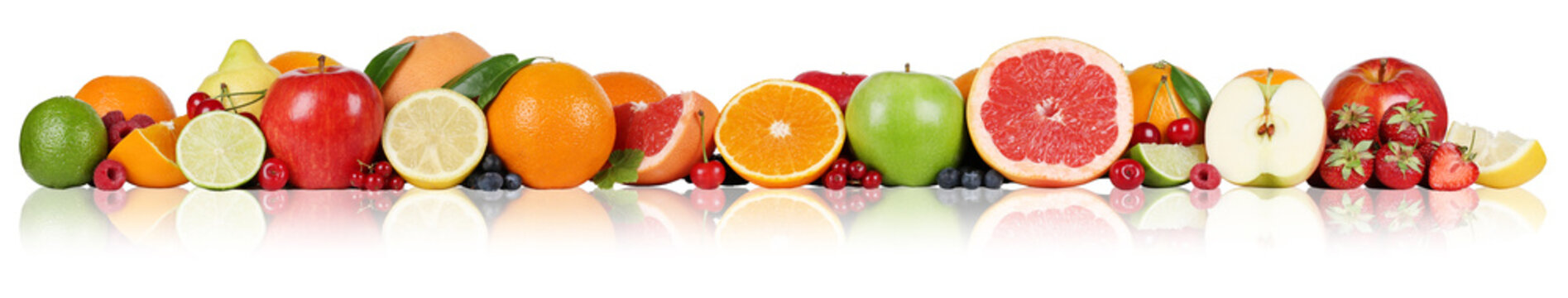 Früchte Orangen Zitronen Apfel Erdbeeren in einer Reihe