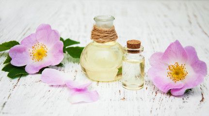 essential oil in glass bottles