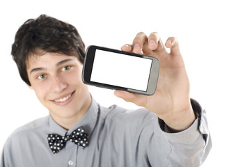 Happy businessman taking a selfie photo with his smart phone. Elegant man holding up his mobile phone. Close up and focus on blank mobile phone display. 