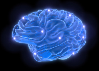 Brain from blue neon lines on black background 