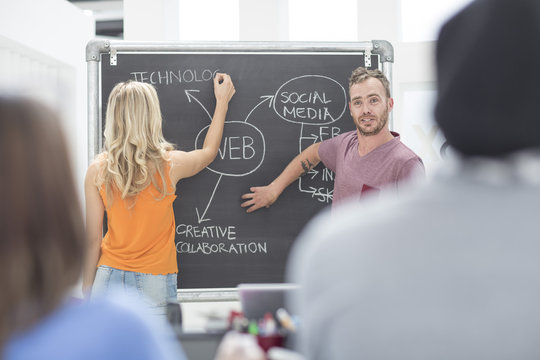 Creative office meeting and writing on a blackboard