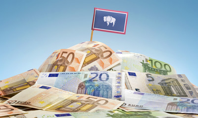 Flag of Wyoming sticking in a pile of various european banknotes