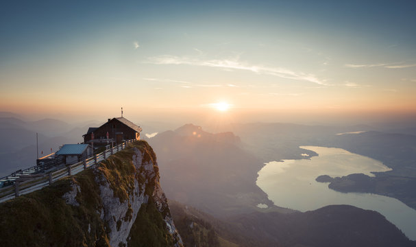 Mountain hut Himmelspforte at sunset, Austria