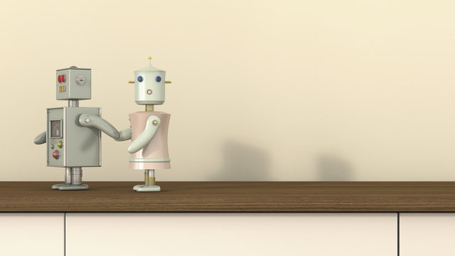 Male robot holding female robot's hand, D rendering