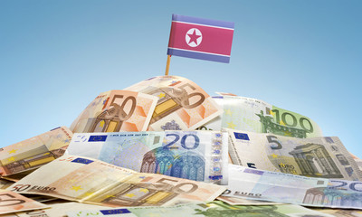 Flag of North Korea sticking in a pile of various european bankn
