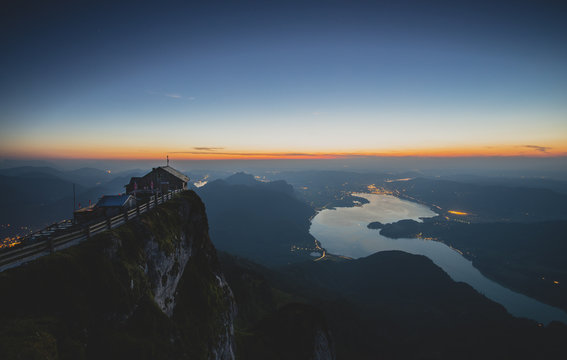 Austria, Salzkammergut, Schafberg, Mountain hut Himmelspforte in the evening