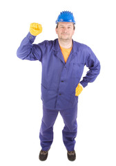 Man in working clothes with fist.