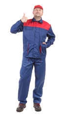 Naklejka premium Worker in blue wear with ok sign.