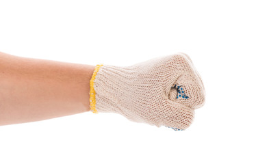 Worker hand glove clenching fist.