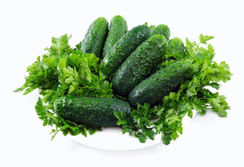 juicy cucumbers with drops of dew on a white background