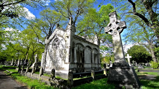 statues, crosses and tumbs in a cemetery