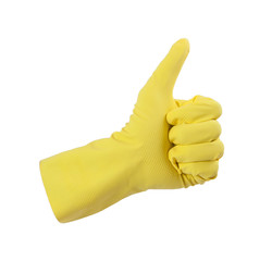 Yellow glove for cleaning show thumbs up