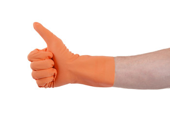 Orange glove for cleaning show thumbs up