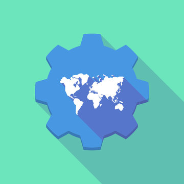 Long shadow gear icon with a  world map