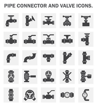 Pipe icon and flange fitting. Include control valve and pressure gauge. For pipeline construction and transportation liquid or gas i.e. oil, natural gas. Also for sewage, plumbing and irrigation.