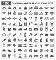 Camping, recreation vector icon. Include tent, vehicle, food cooking and equipment. Tourism to leisure travel in holiday, summer, vacation. Include adventure activity i.e. hiking, swimming, riding.