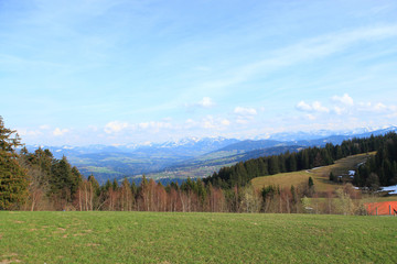 Panoramic view of beautiful mountain landscape in the Bavarian Alps with village of Berchtesgaden and Watzmann massif in the background at sunrise, Nationalpark Berchtesgadener Land, Bavaria, Germany