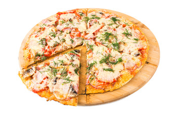 Tasty pizza on a wooden board
