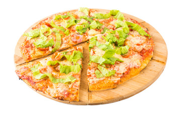 Tasty pizza on a wooden board

