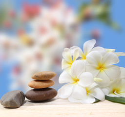 Zen spa concept background - Zen massage stones with frangipani plumeria flower