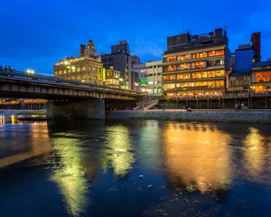 Kamo River and Shijo Dori Bridge in the Evening, Kyoto, Japan