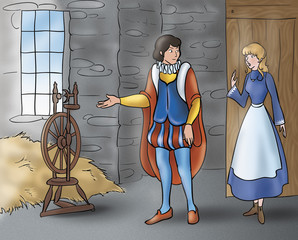 A digital illustration of Grimm's fairy tale Rumpelstiltskin. The prince is talking with a beautiful young girl in an ancient room. An european medieval scene. © carlafcastagno