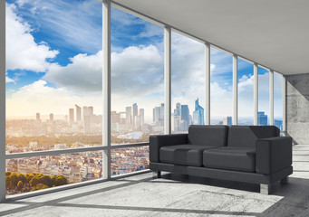 Black sofa, 3d illustration with cityscape skyline