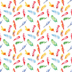 seamless pattern of colored feathers watercolors on white backgr