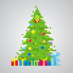 christmas tree and presents, in 8-bit pixel style vector
