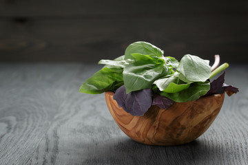 green and purple basil leaves in wood bowl on wooden table