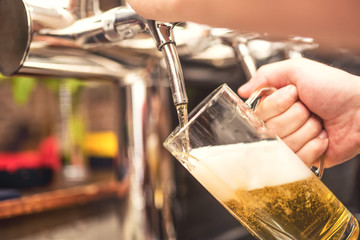 bistro waiter serving a cold, chill beer. Hand of barman pouring a lager beer from tap