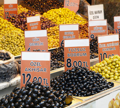 Eastern bazaar - olives.
Image of large variety of different sorts of olives at Istanbul traditional oriental market