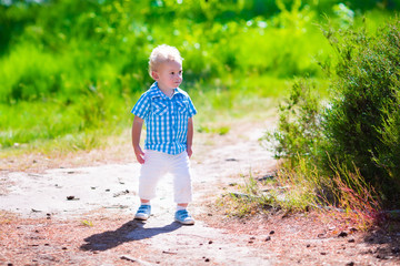 Little boy hiking in a forest