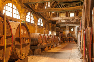 Row of oak barrels in Calvados distillery,  Normandy - obrazy, fototapety, plakaty