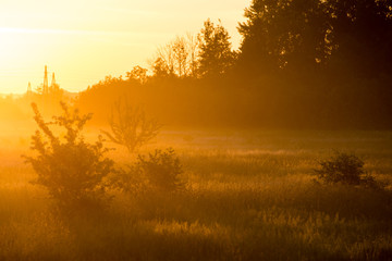 sunrise in misty country meadow