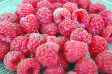fresh fruits background with raspberries on rustic wooden table