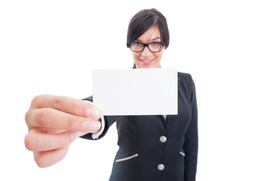 Business woman holding blank card close the camera