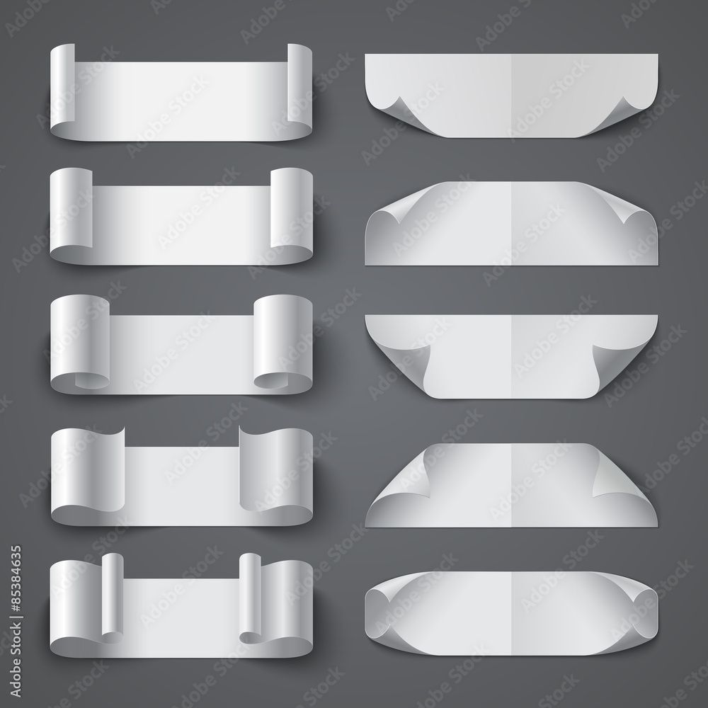 Poster set of curled blank paper banners with shadows on gray backgroun