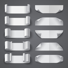 Set of curled blank paper banners with shadows on gray backgroun