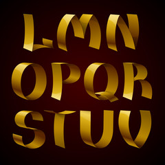 Set of isolated golden shiny ribbon font L-V letters