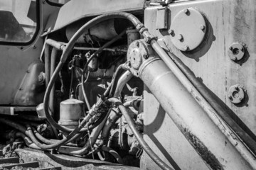 Monochrome of an Industrial Machines Engine Compartment