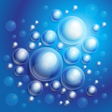 Abstract blue water background with shining drops and bubbles